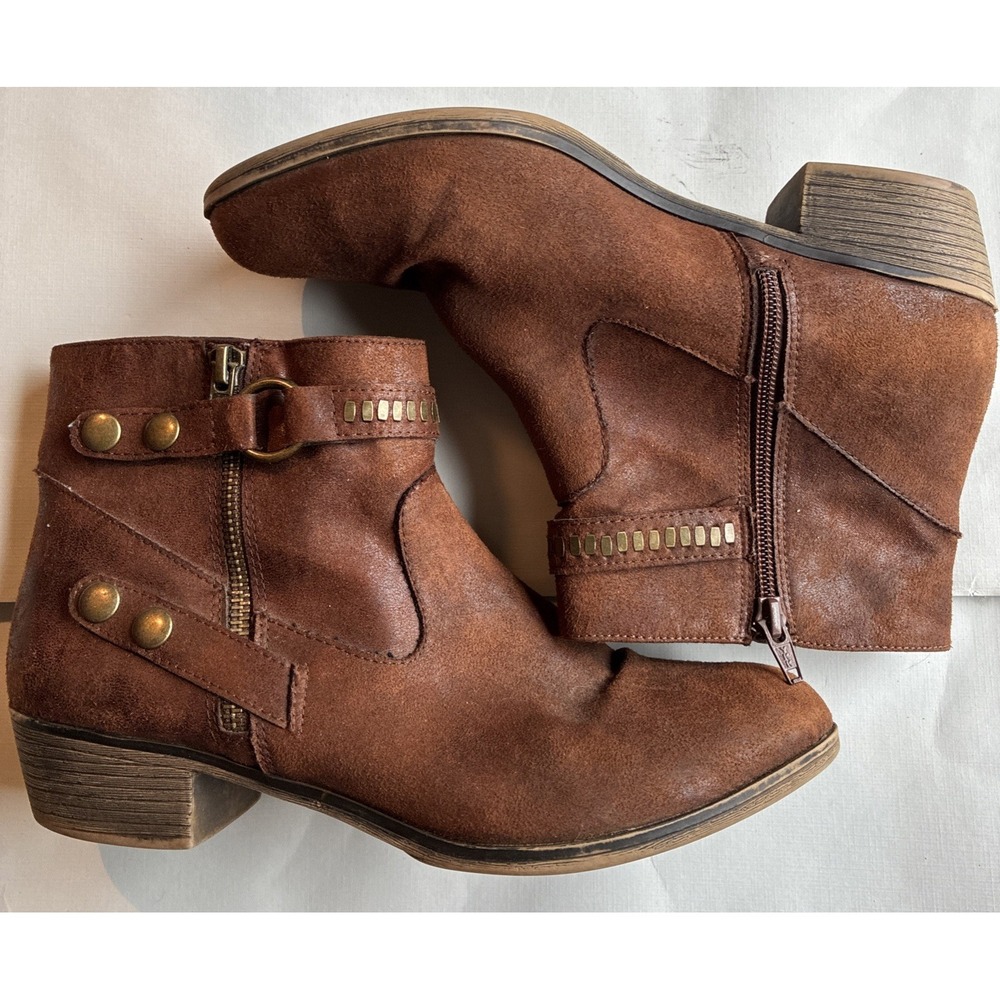 FALLS CREEK Martina Brown Suede Ankle Boots Zip Studded Buckle Women’s size 9